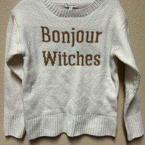 Francesca's Collections White and Brown Crew Neck Sweater